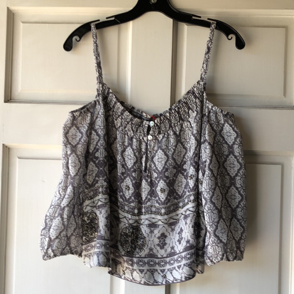 Gypsy 05 Cora Embellished Gray and White Floral Cold Shoulder Blouse Top…